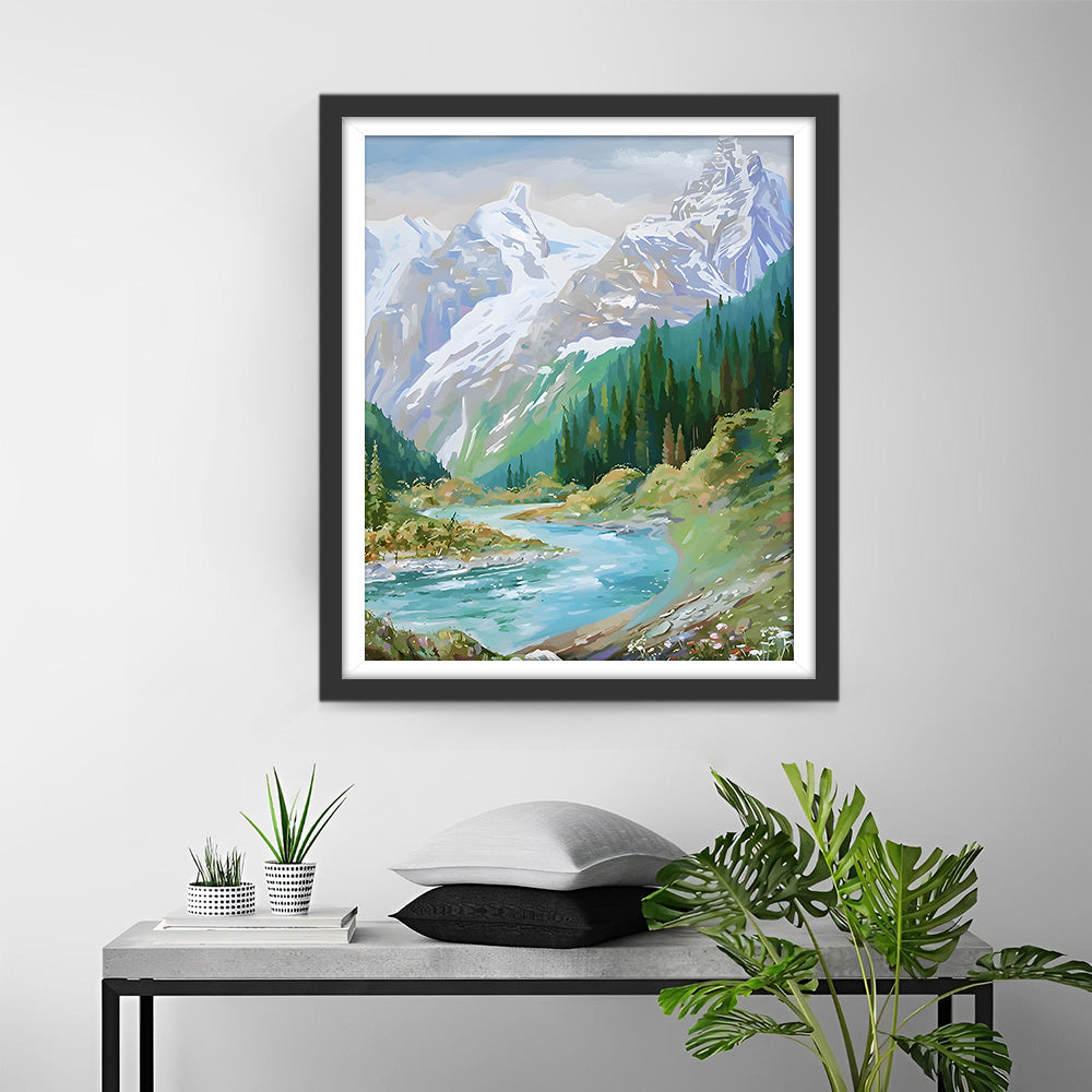 Grüner Wald und Schneeberg Diamond Painting