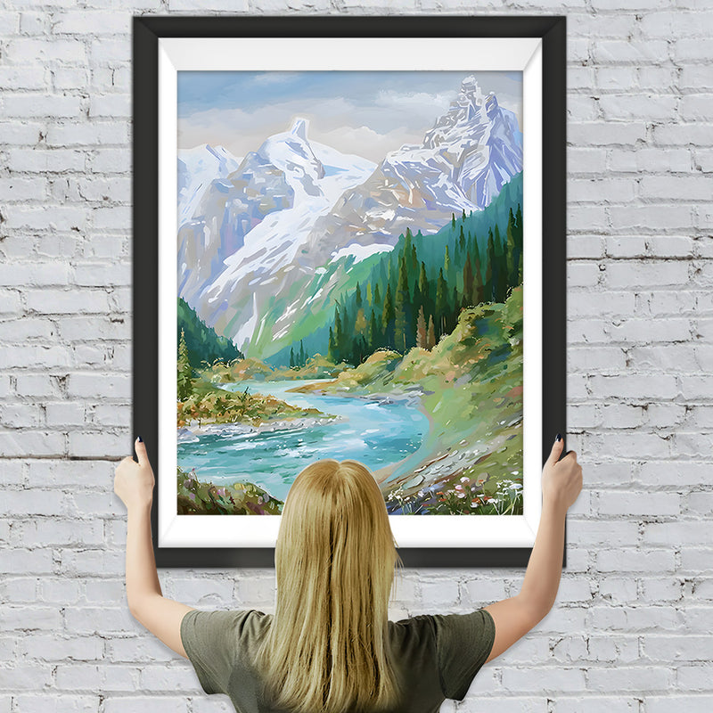Grüner Wald und Schneeberg Diamond Painting