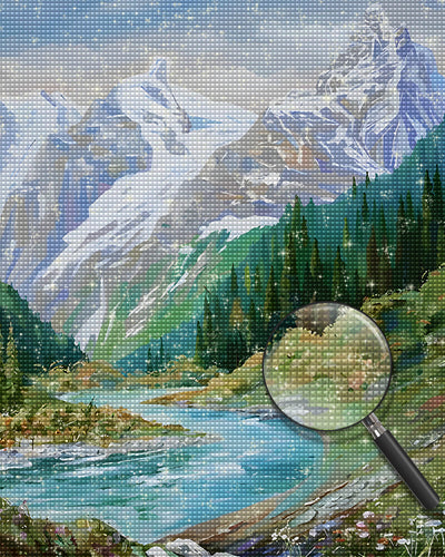 Grüner Wald und Schneeberg Diamond Painting