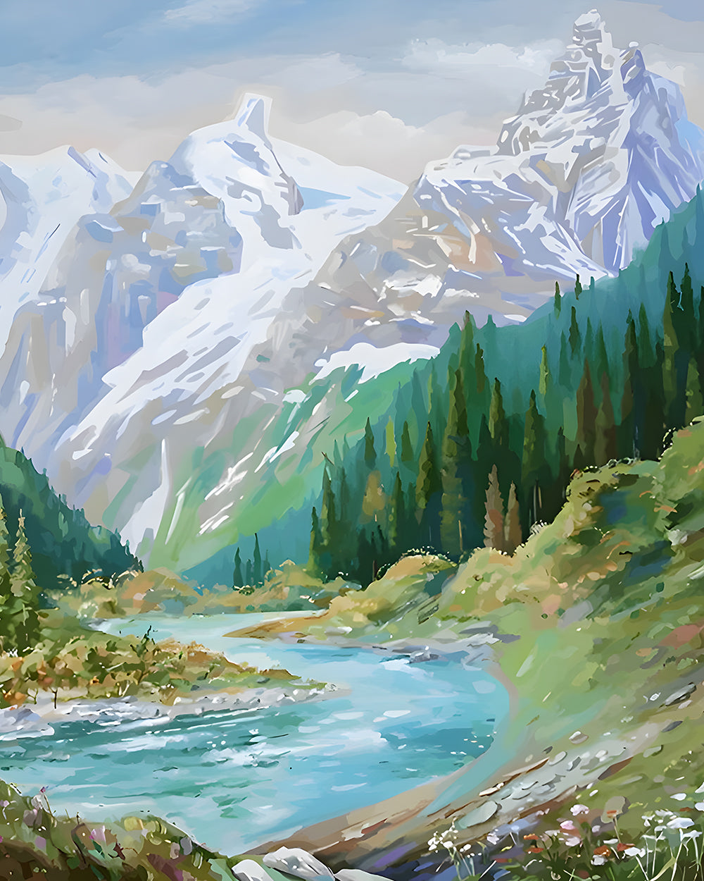 Grüner Wald und Schneeberg Diamond Painting