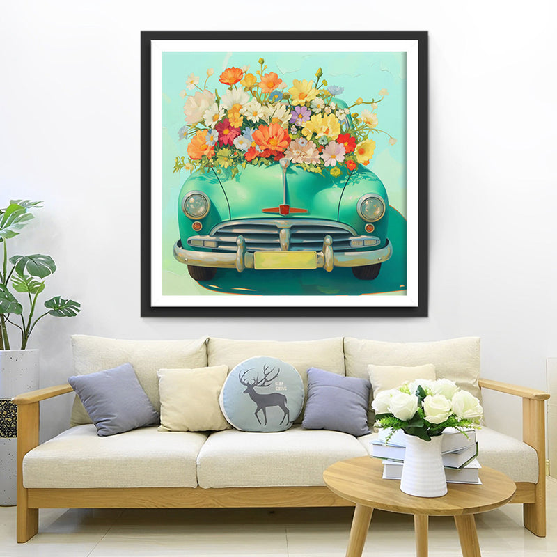 Grünes Auto, gefüllt mit Blumen Diamond Painting
