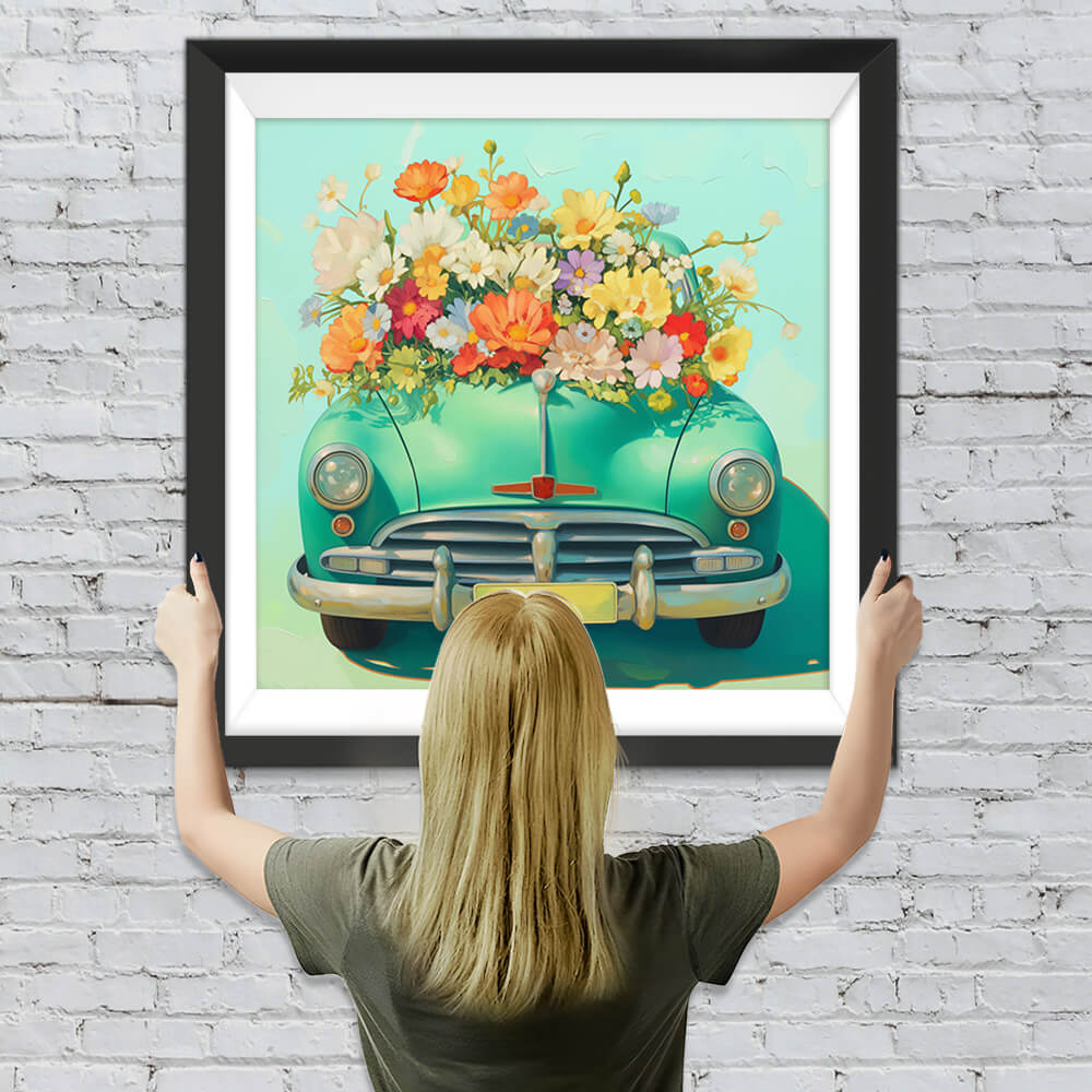 Grünes Auto, gefüllt mit Blumen Diamond Painting