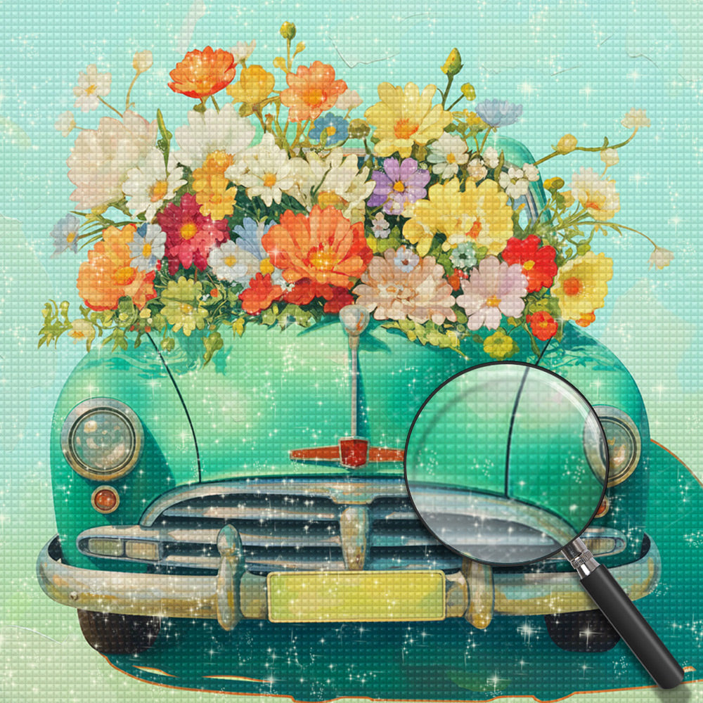 Grünes Auto, gefüllt mit Blumen Diamond Painting