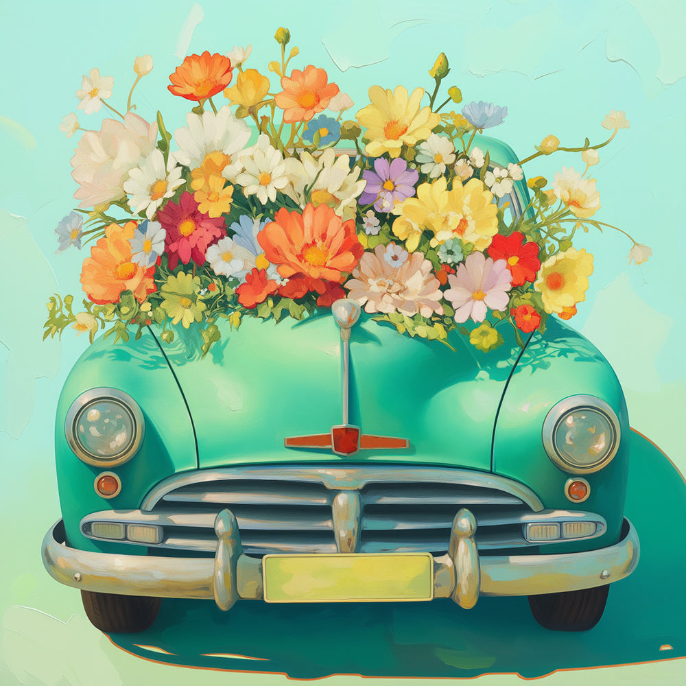 Grünes Auto, gefüllt mit Blumen Diamond Painting