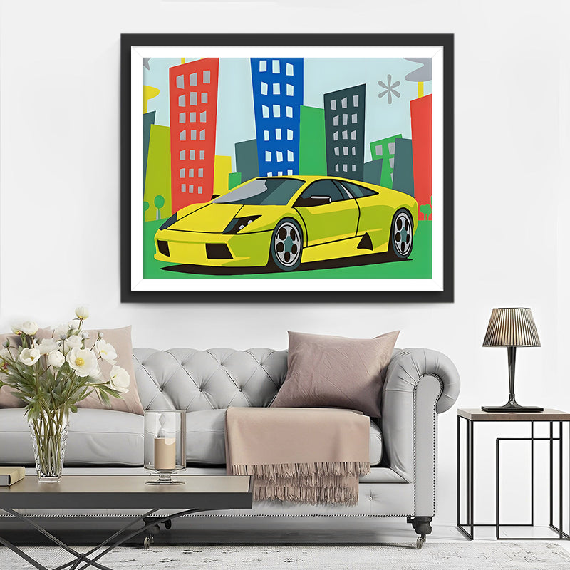 Grünes Auto in der Stadt Diamond Painting