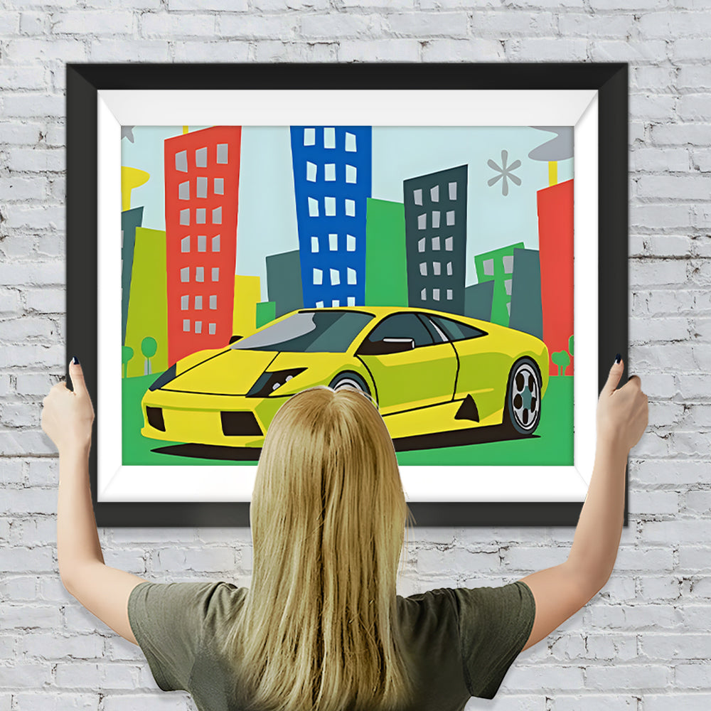 Grünes Auto in der Stadt Diamond Painting