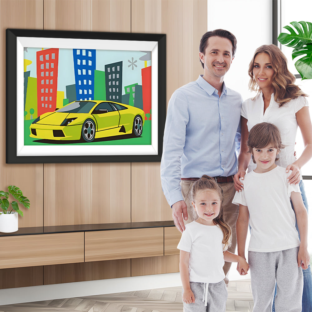 Grünes Auto in der Stadt Diamond Painting