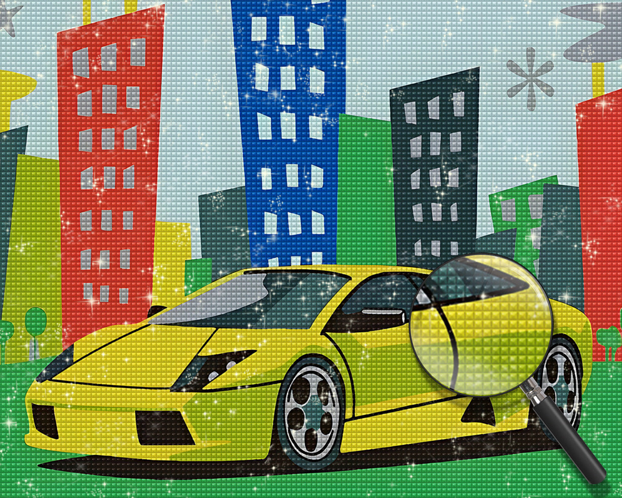 Grünes Auto in der Stadt Diamond Painting