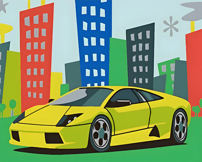 Grünes Auto in der Stadt Diamond Painting