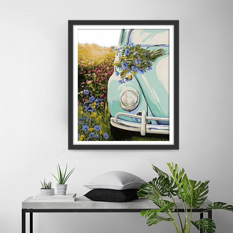 Grünes Auto und wilde Blumen Diamond Painting