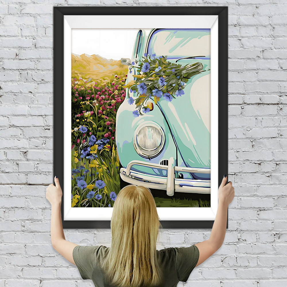 Grünes Auto und wilde Blumen Diamond Painting