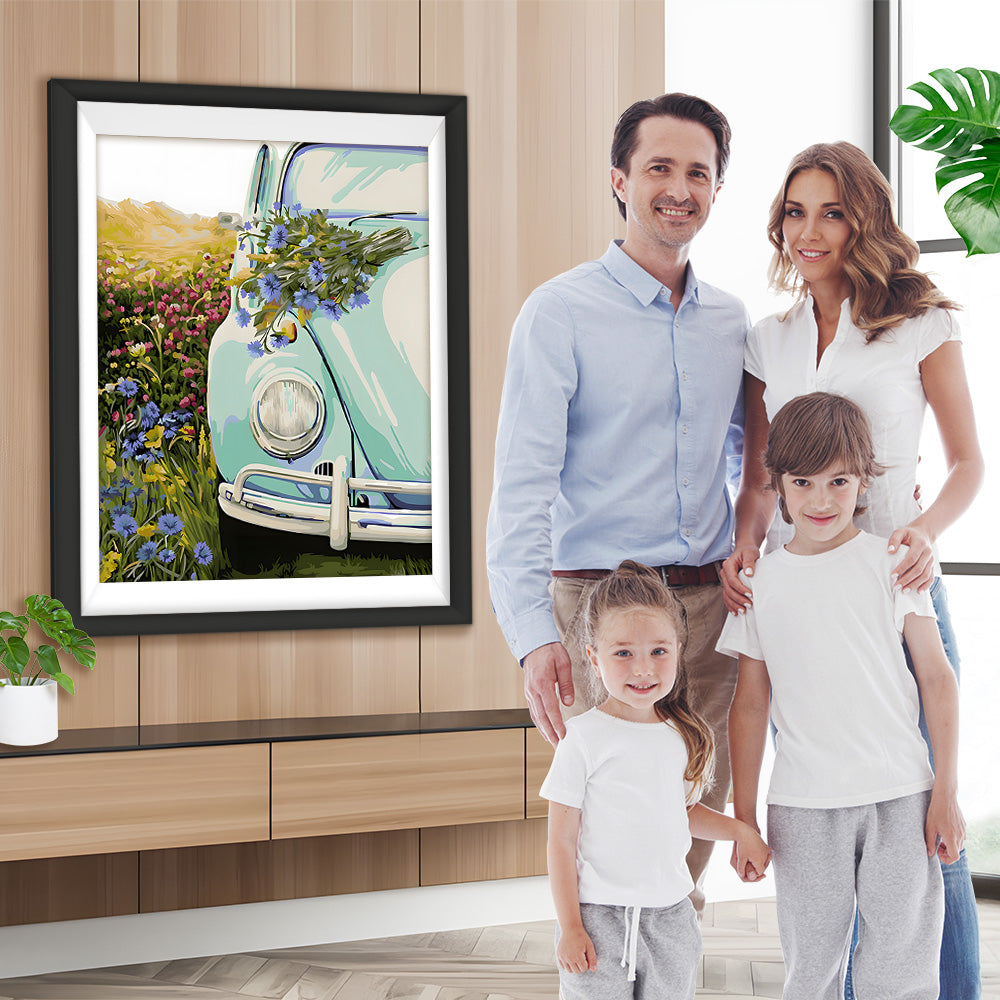 Grünes Auto und wilde Blumen Diamond Painting