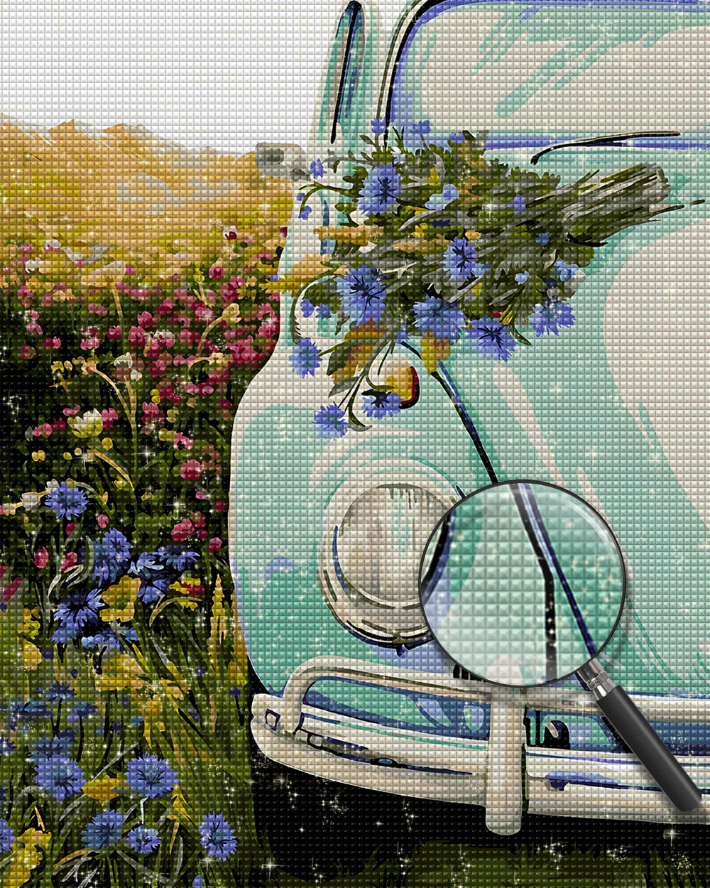 Grünes Auto und wilde Blumen Diamond Painting