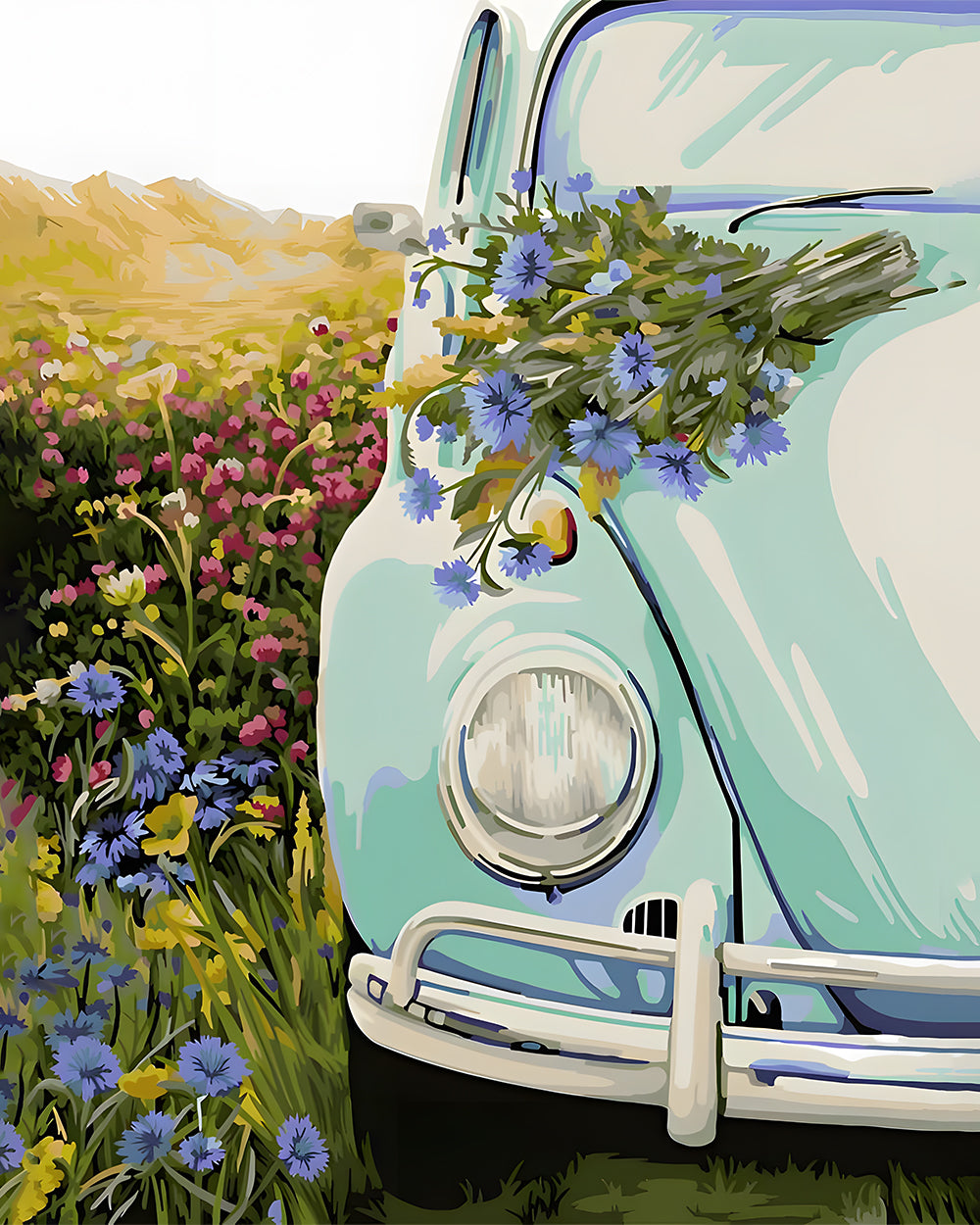 Grünes Auto und wilde Blumen Diamond Painting