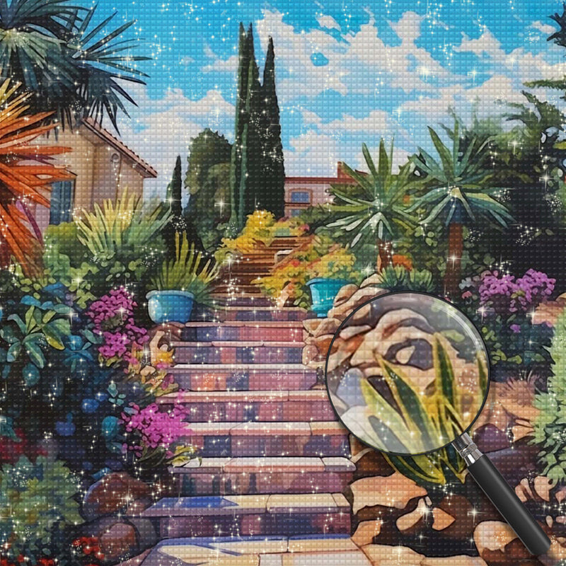 Grünpflanzen auf der Steintreppe Diamond Painting