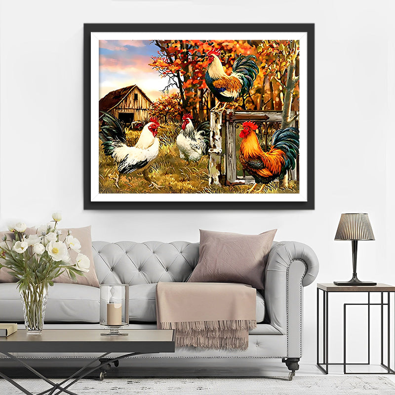 Hähne auf dem Bauernhof Diamond Painting