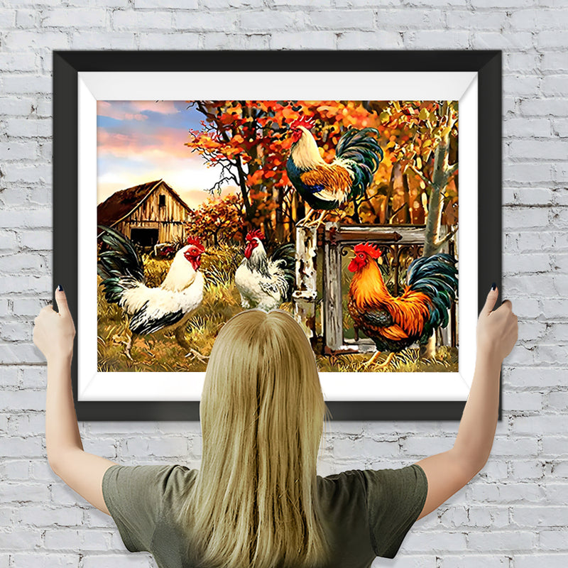 Hähne auf dem Bauernhof Diamond Painting