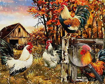 Hähne auf dem Bauernhof Diamond Painting