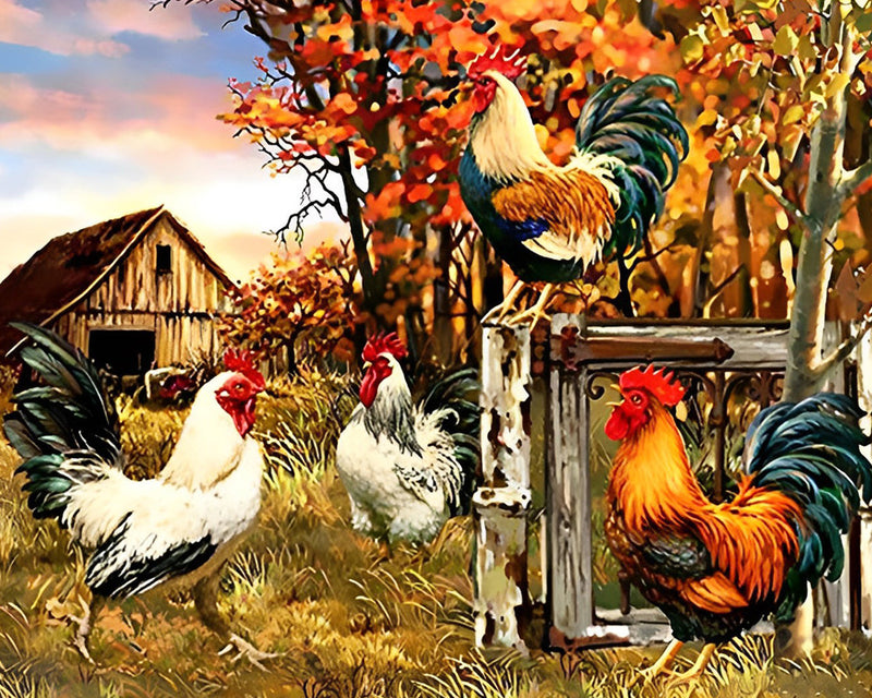 Hähne auf dem Bauernhof Diamond Painting
