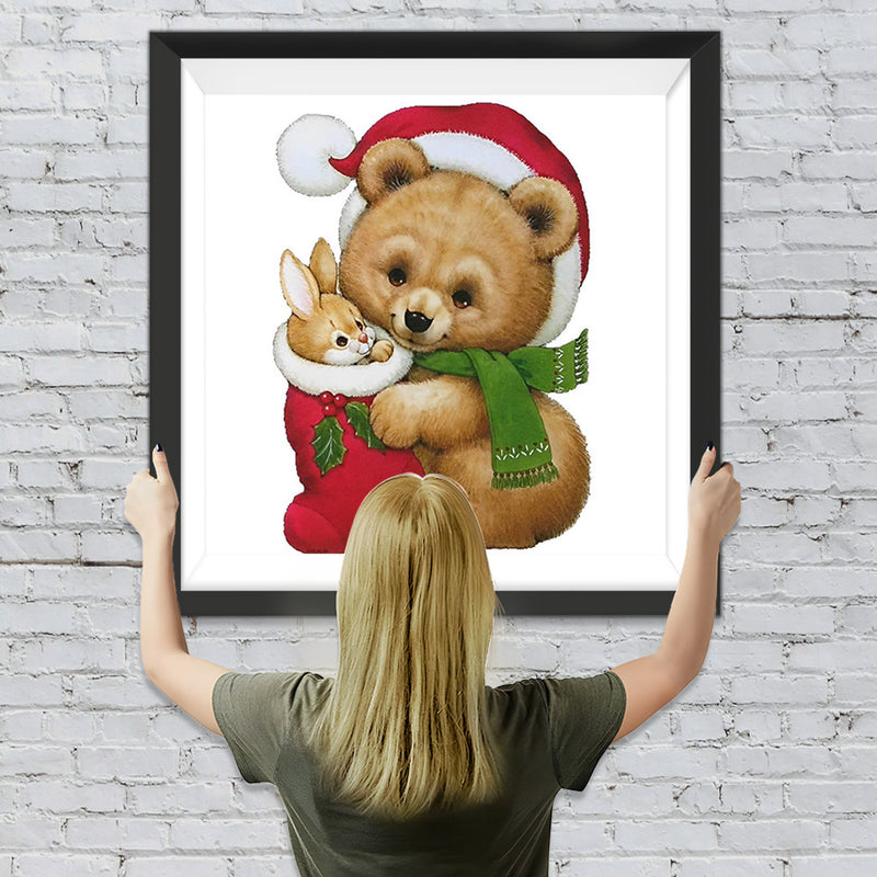 Häschen im weihnachtlichen Strumpf und Teddybär Diamond Painting