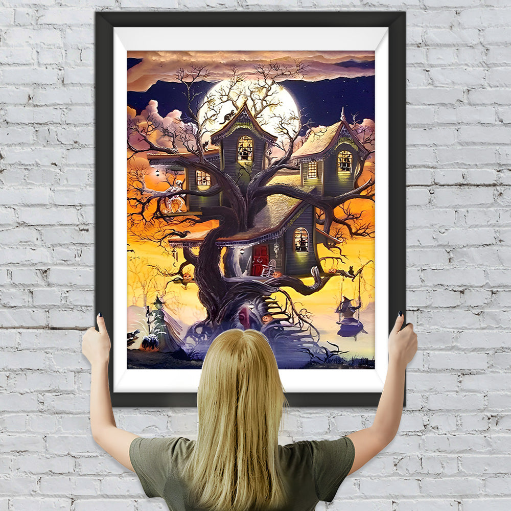 Halloween-Baumhaus und Hexe auf der Schaukel Diamond Painting