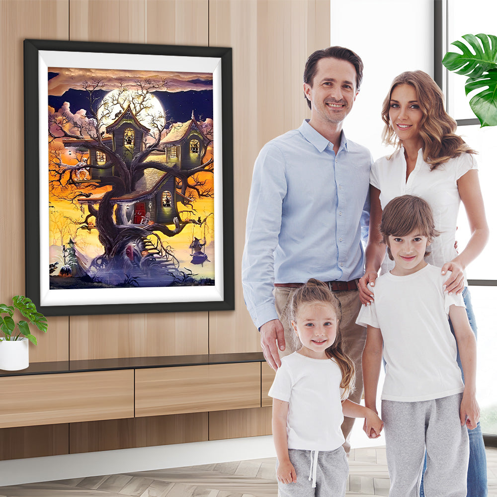 Halloween-Baumhaus und Hexe auf der Schaukel Diamond Painting