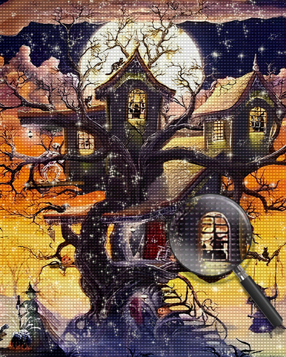 Halloween-Baumhaus und Hexe auf der Schaukel Diamond Painting