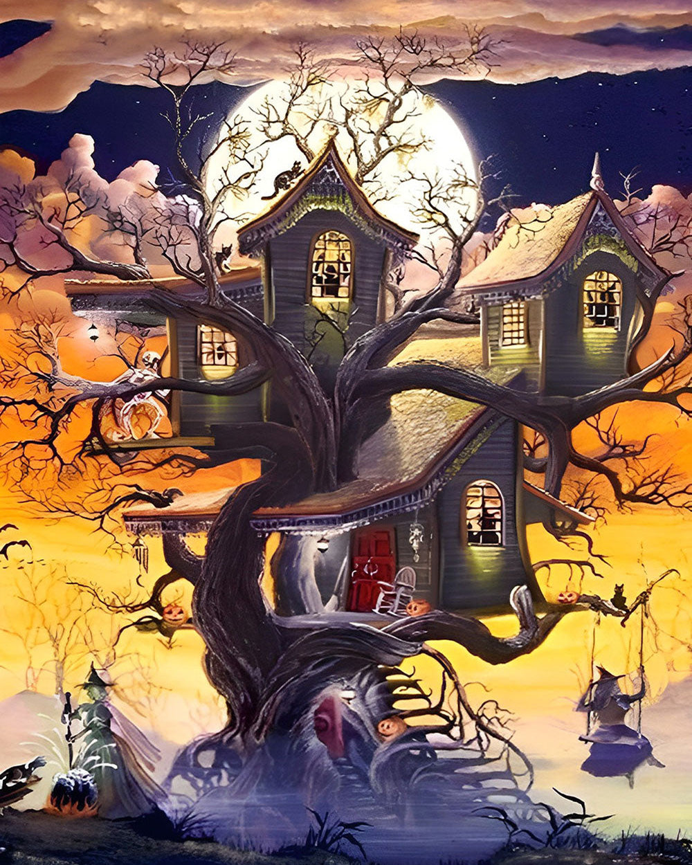 Halloween-Baumhaus und Hexe auf der Schaukel Diamond Painting