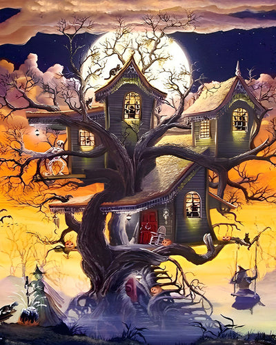 Halloween-Baumhaus und Hexe auf der Schaukel Diamond Painting