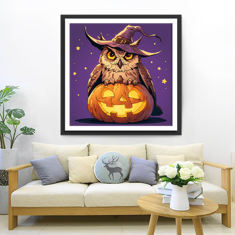 Halloween Eule mit Hut auf dem Kürbis Diamond Painting