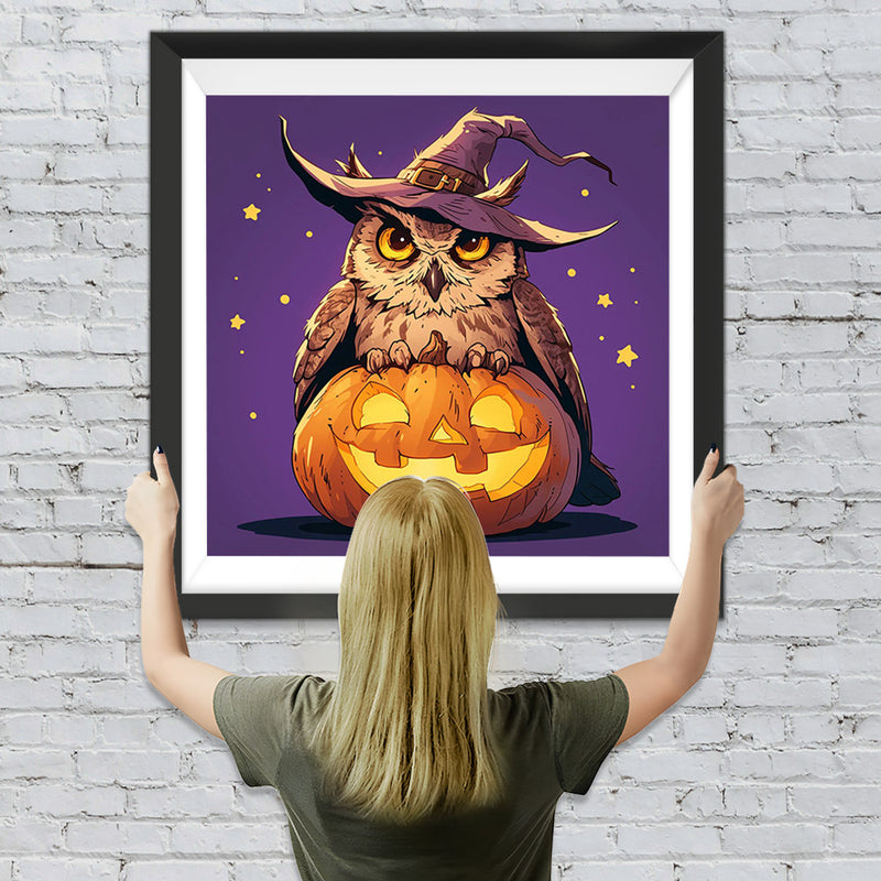 Halloween Eule mit Hut auf dem Kürbis Diamond Painting