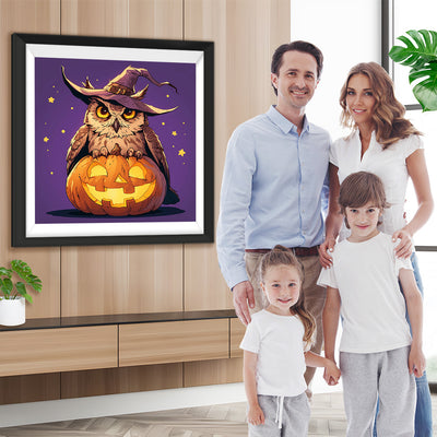 Halloween Eule mit Hut auf dem Kürbis Diamond Painting