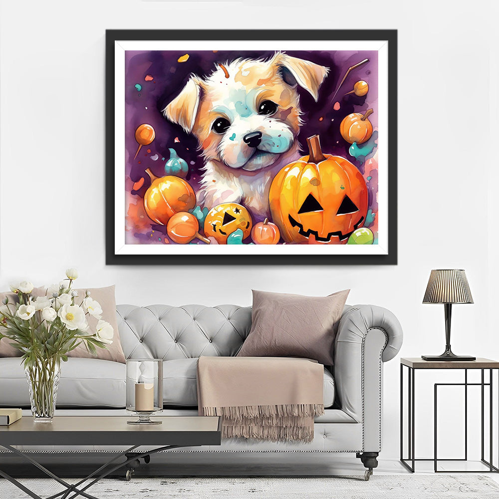 Halloween Kürbislaternen und weißer Hund Diamond Painting