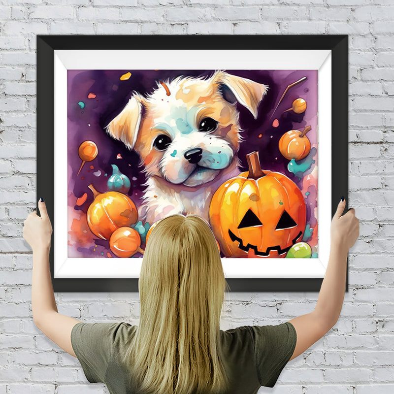 Halloween Kürbislaternen und weißer Hund Diamond Painting