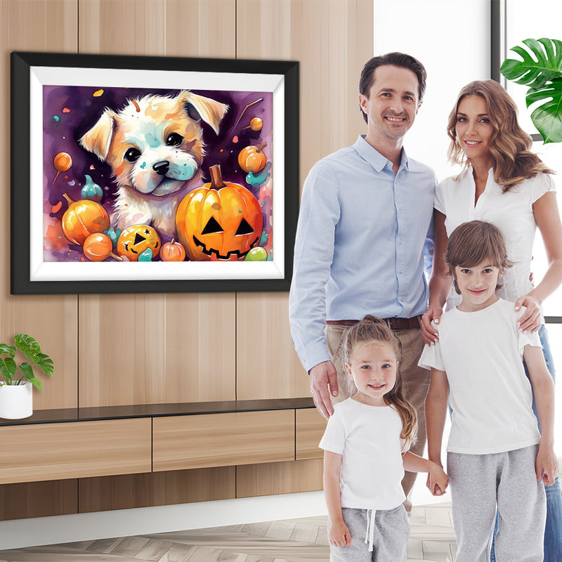 Halloween Kürbislaternen und weißer Hund Diamond Painting