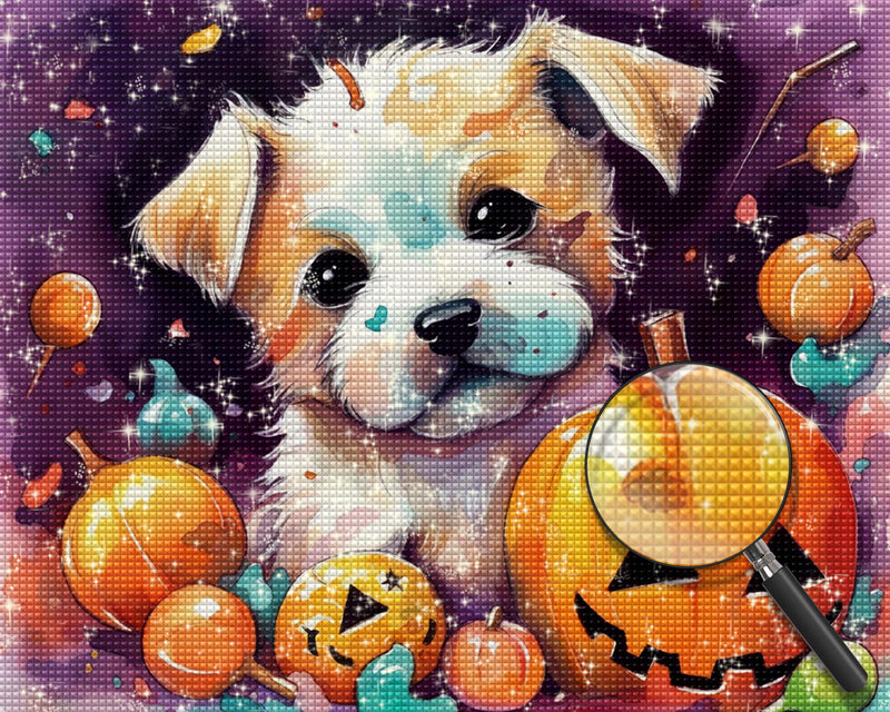 Halloween Kürbislaternen und weißer Hund Diamond Painting