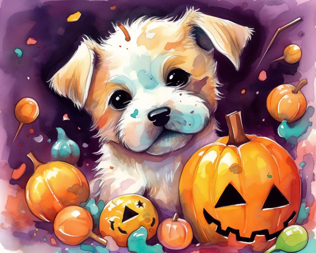 Halloween Kürbislaternen und weißer Hund Diamond Painting