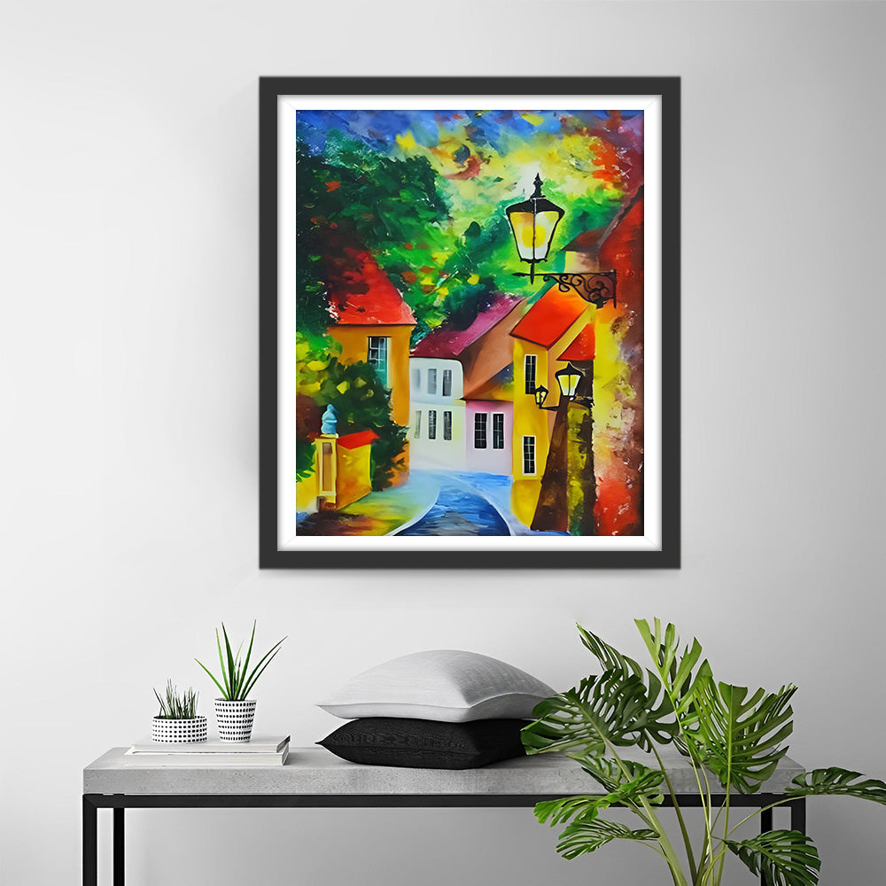 Haus und Straßenlampe Diamond Painting