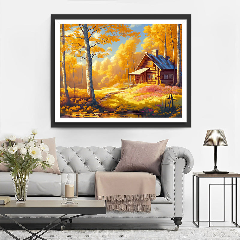 Herbst Hütte im Wald Diamond Painting