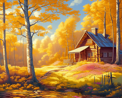 Herbst Hütte im Wald Diamond Painting