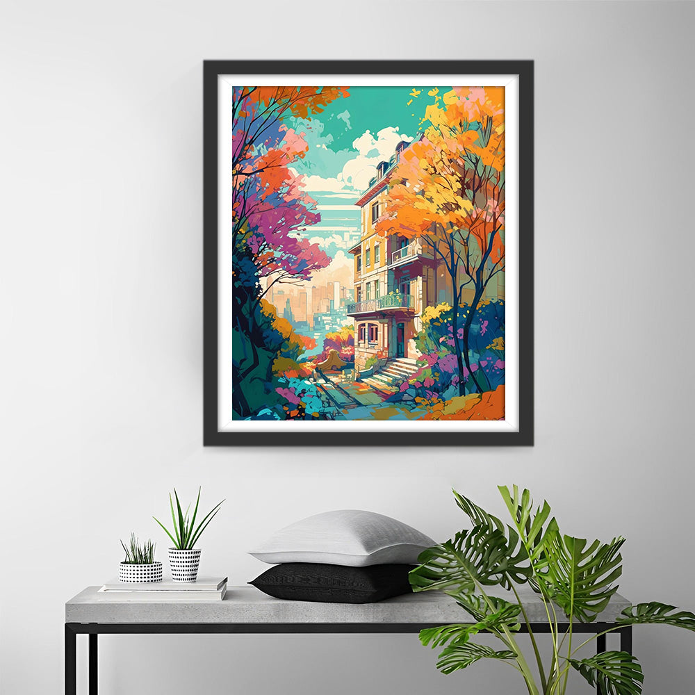 Herbstbäume zwischen hohen Gebäuden Diamond Painting