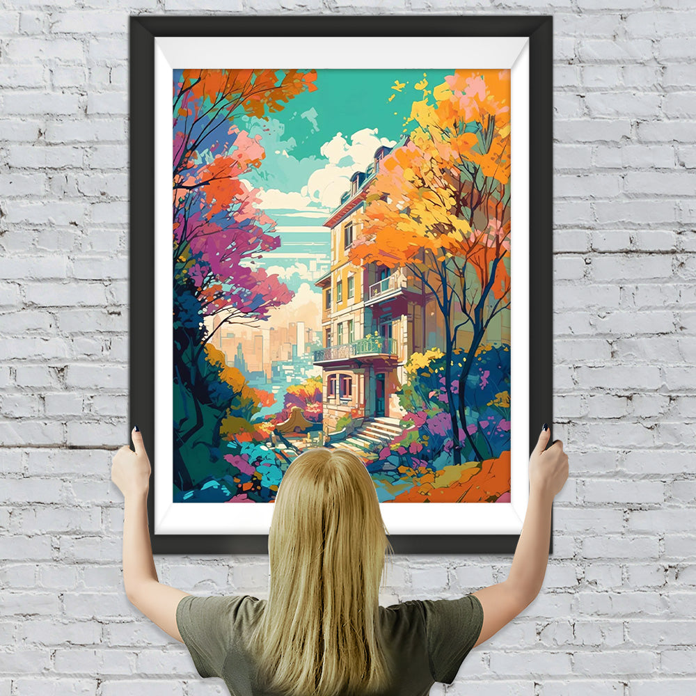 Herbstbäume zwischen hohen Gebäuden Diamond Painting