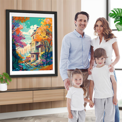 Herbstbäume zwischen hohen Gebäuden Diamond Painting