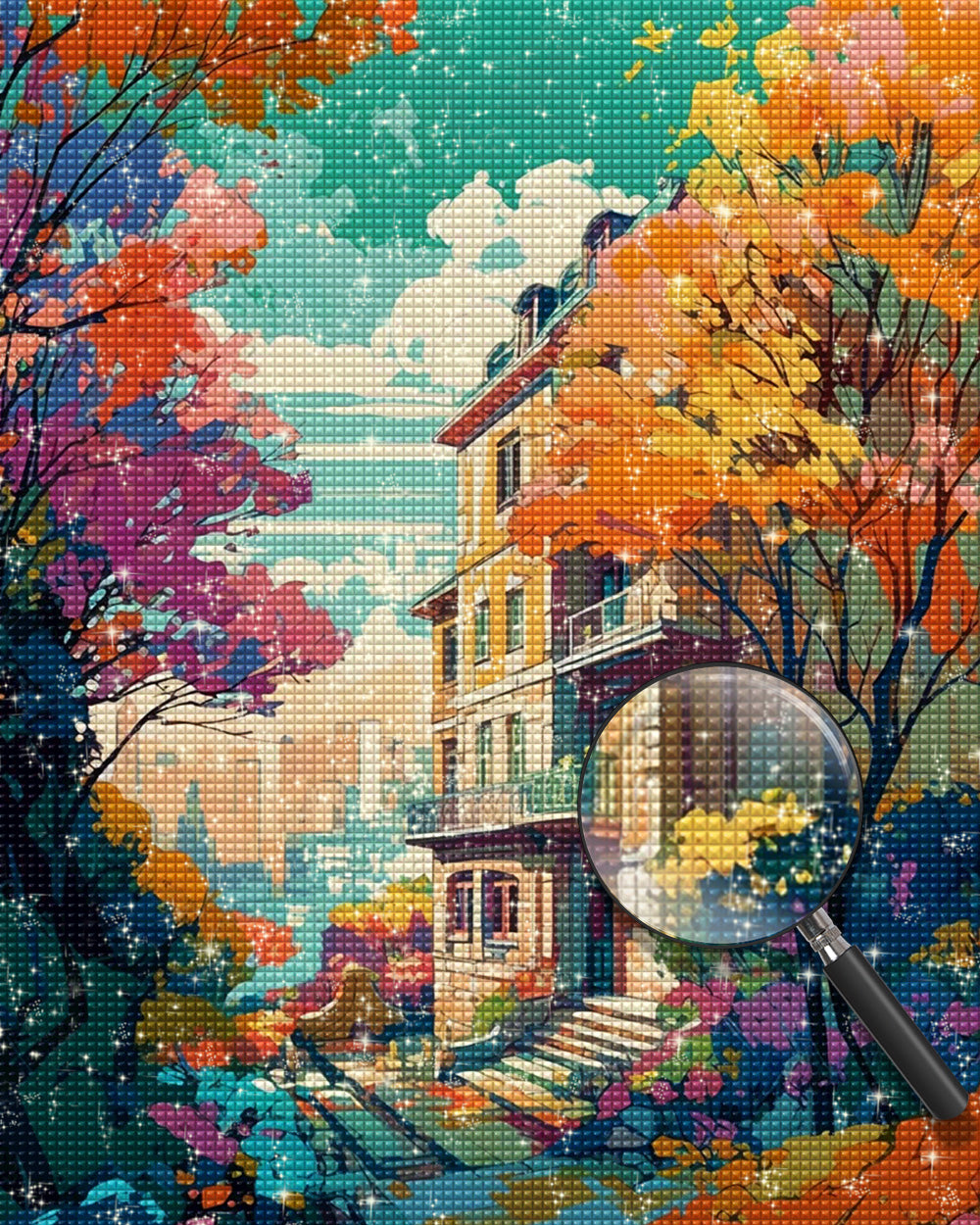 Herbstbäume zwischen hohen Gebäuden Diamond Painting