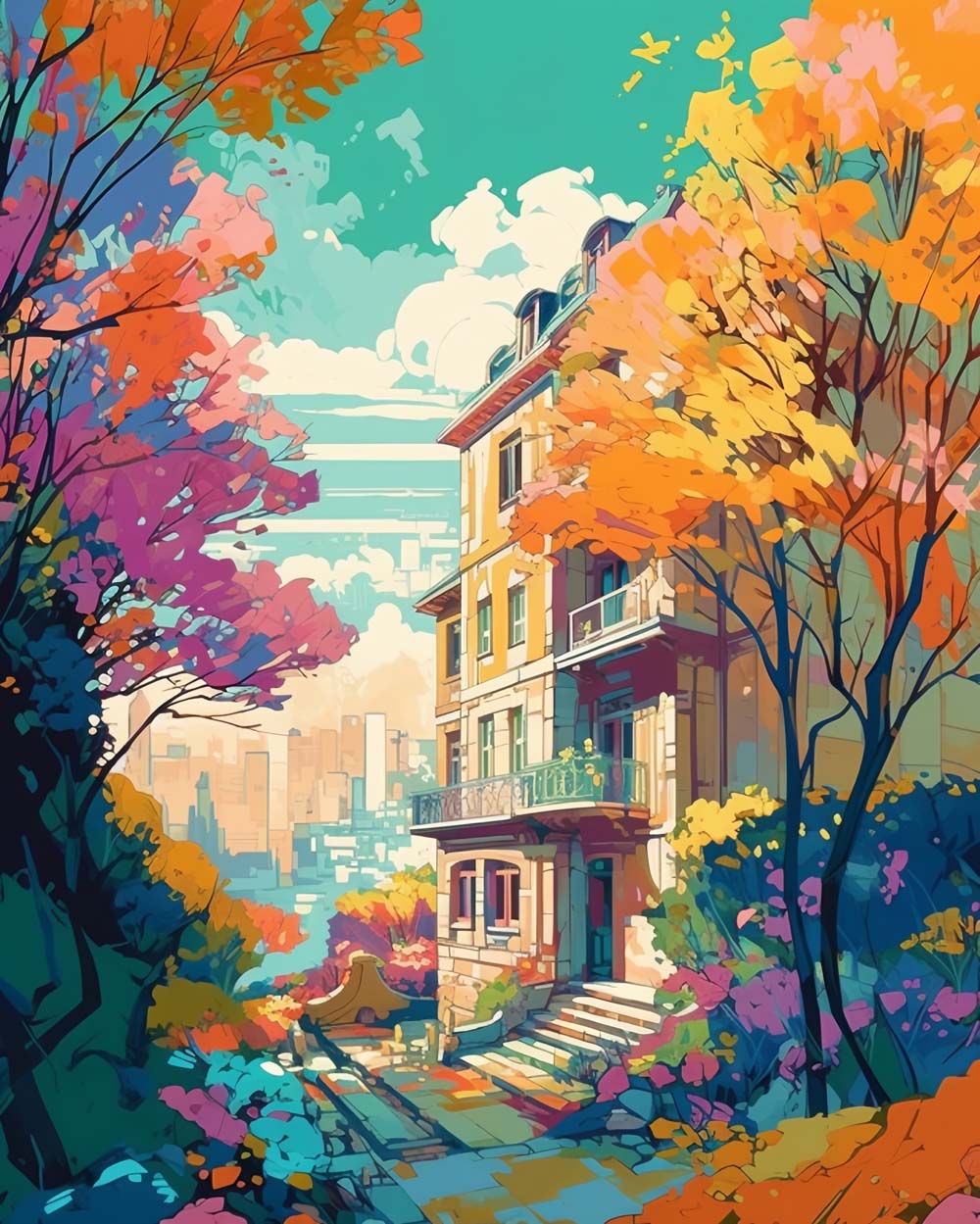 Herbstbäume zwischen hohen Gebäuden Diamond Painting