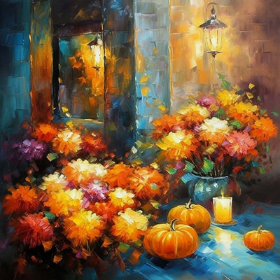 Herbstkürbisse und leidenschaftliche Blumen Diamond Painting