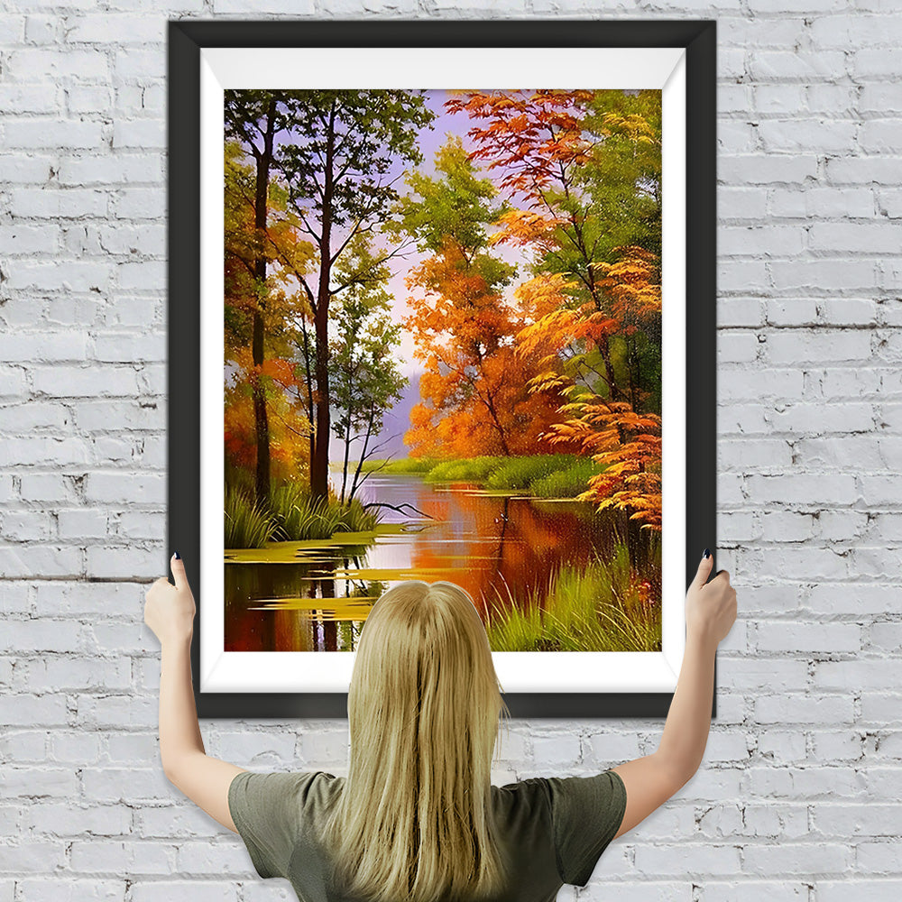 Herbstliche Ahornbäume am Fluss Diamond Painting