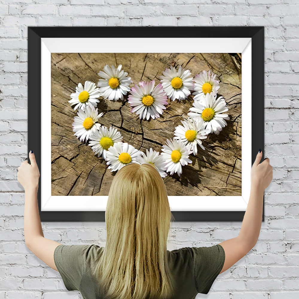 Herz aus Gänseblümchen auf dem Boden Diamond Painting