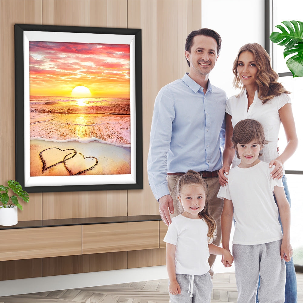 Herzförmiger Sandstrand und rosa Wolken Diamond Painting