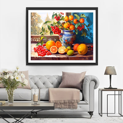 Himbeeren und Orangen auf der Fensterbank Diamond Painting